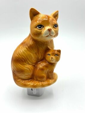 Cute Orange Cat & Kitten Ceramic Night Light Plug-In Lamp Decor Working